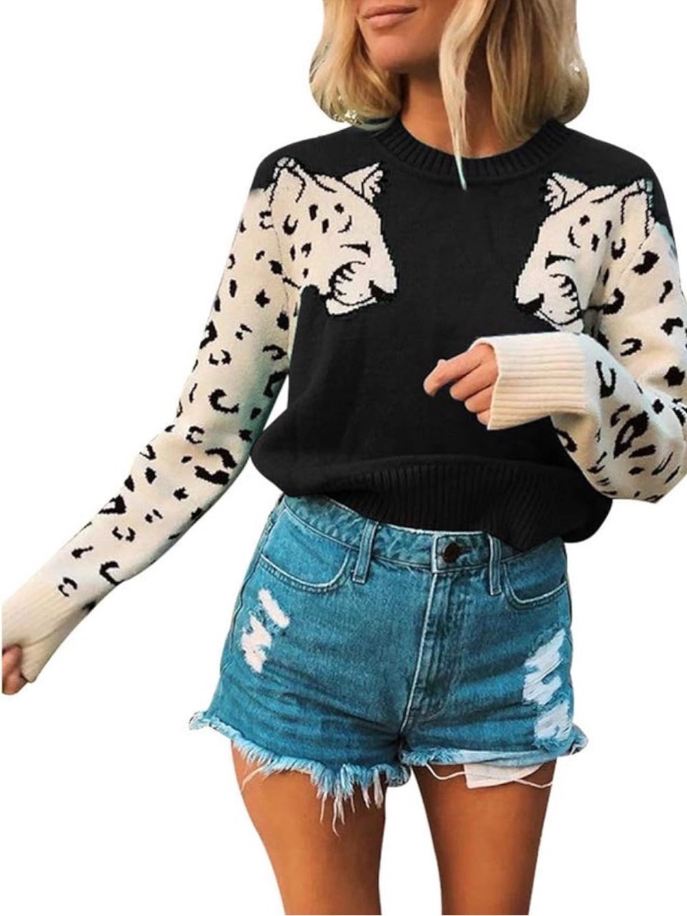 Women’s Casual Leopard Print Knitted Pullover Sweaters Long Sleeve Crew Neck